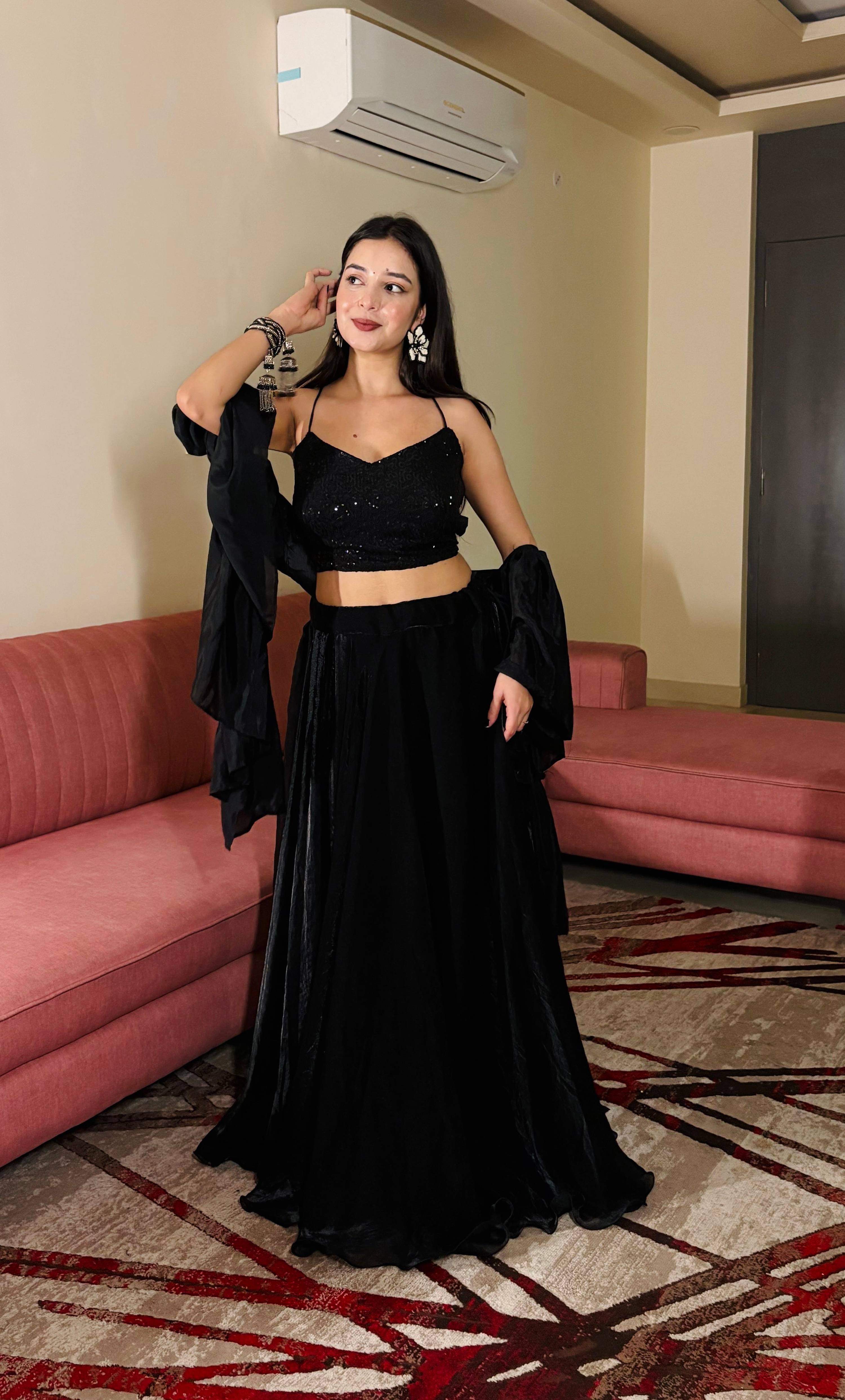 Lorenvalley Fashion Black Fendy Satin crush with Plain Lehenga Choli with Dupatta