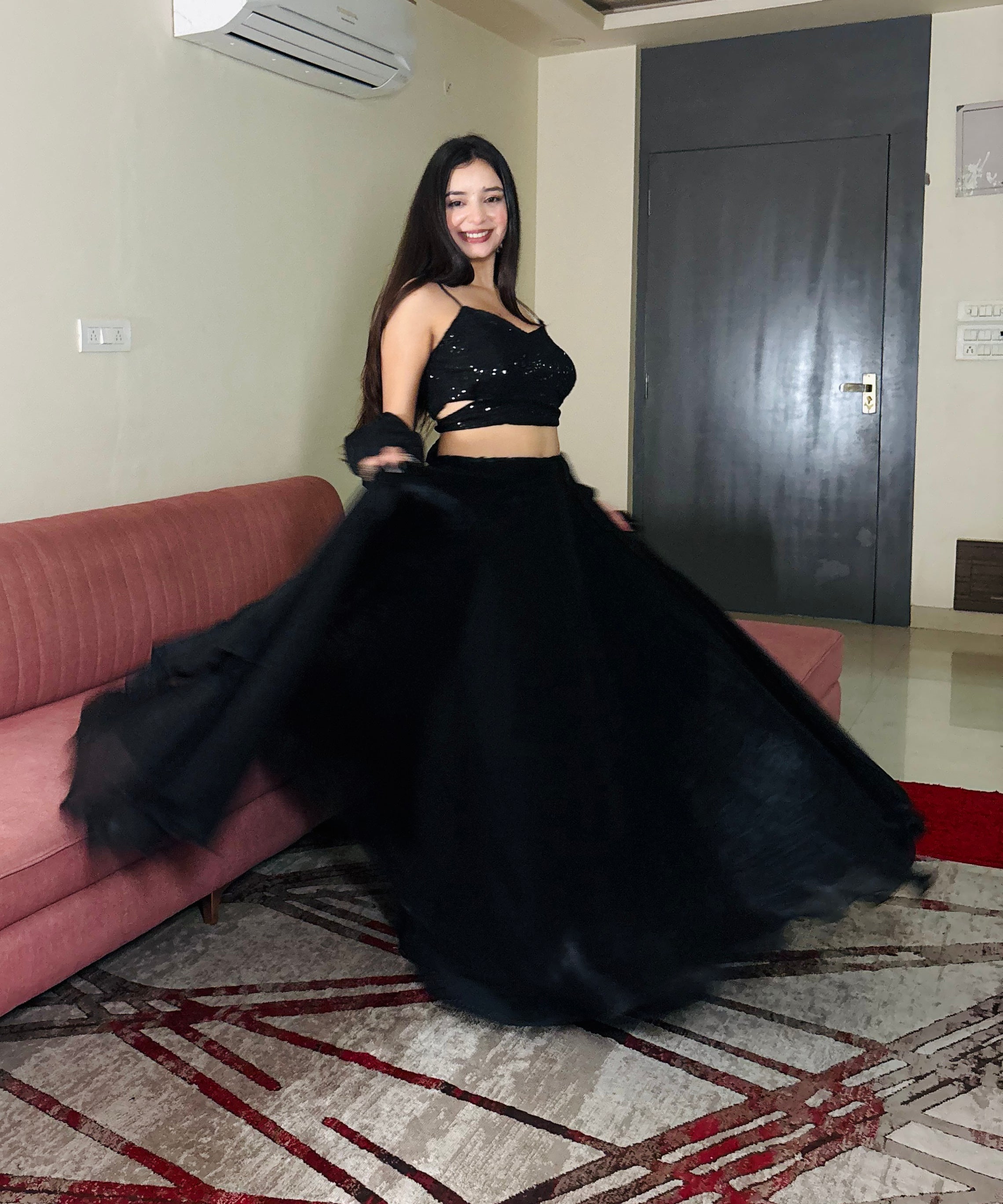 Lorenvalley Fashion Black Fendy Satin crush with Plain Lehenga Choli with Dupatta