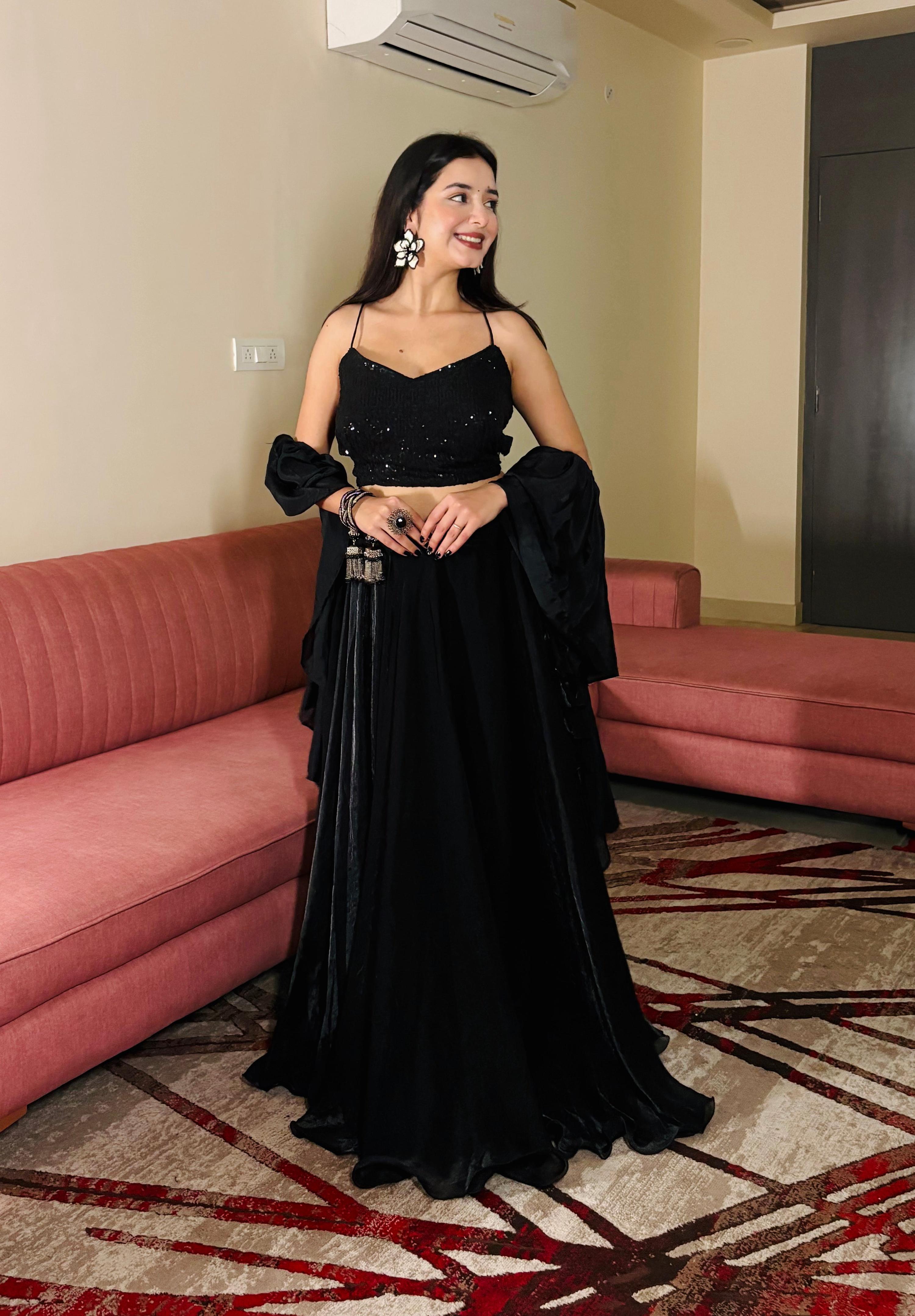 Lorenvalley Fashion Black Fendy Satin crush with Plain Lehenga Choli with Dupatta