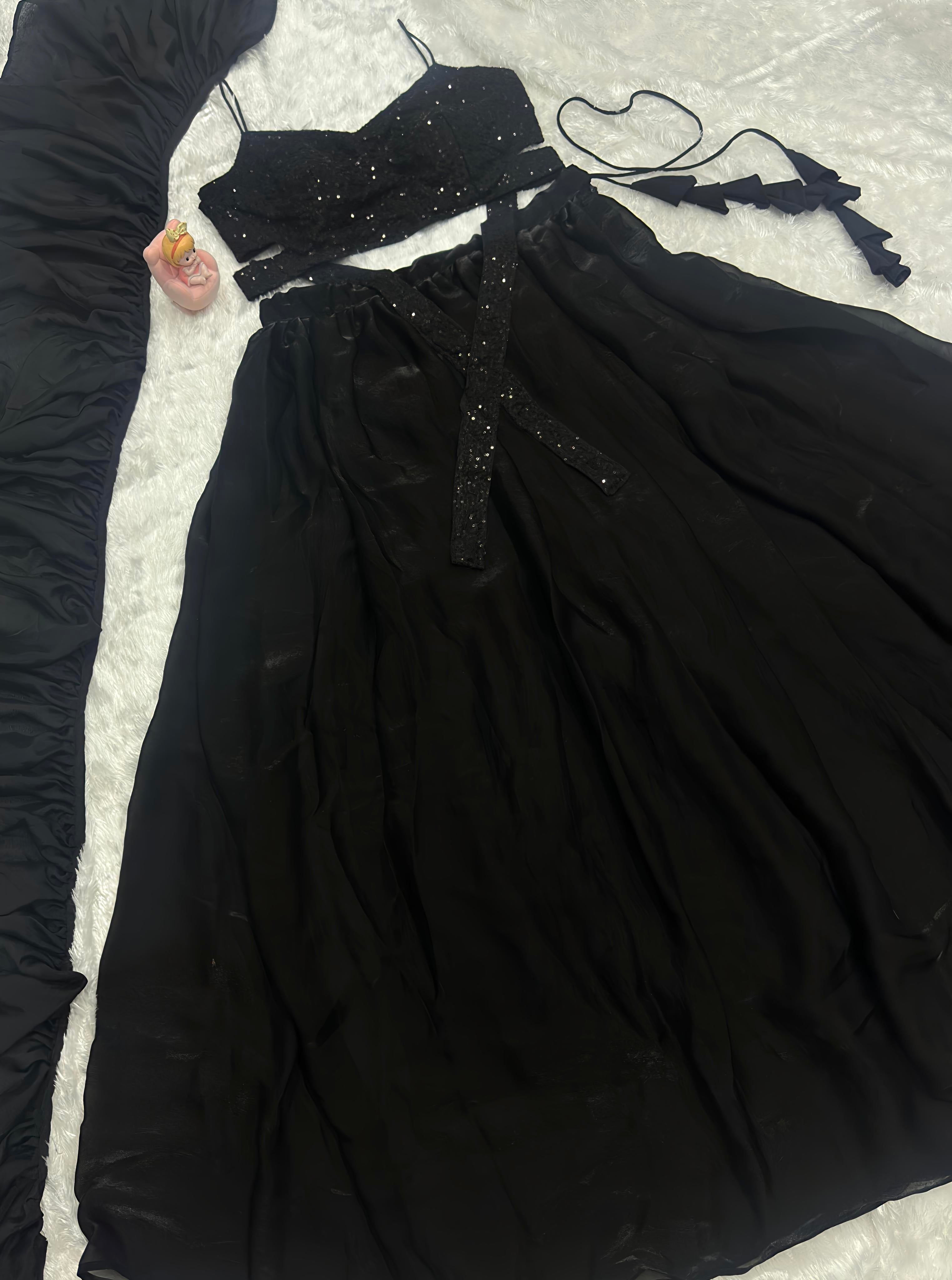 Lorenvalley Fashion Black Fendy Satin crush with Plain Lehenga Choli with Dupatta