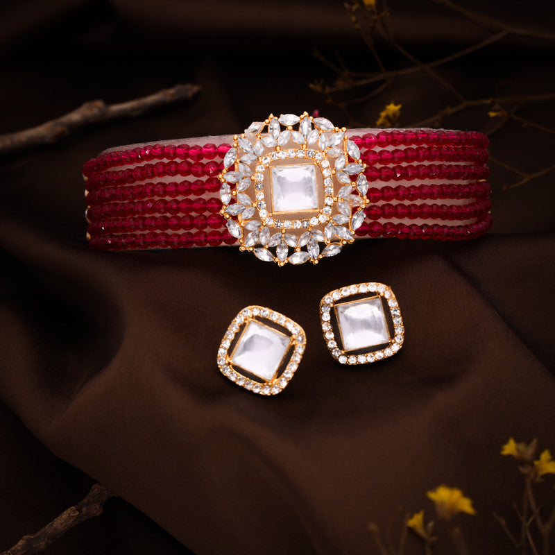 Tehzeeb Creations Brass Gold-Polished Gold, Red, White Jewel Set   - Distacart