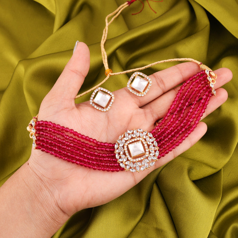 Tehzeeb Creations Brass Gold-Polished Gold, Red, White Jewel Set   - Distacart