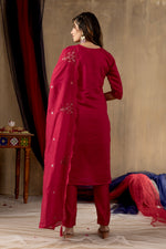 Thumbnail for Vedant Vastram Roman Silk Embroidery & Sequence Work Stitched Kurta Pant Dupatta Set-Rani Pink - Distacart