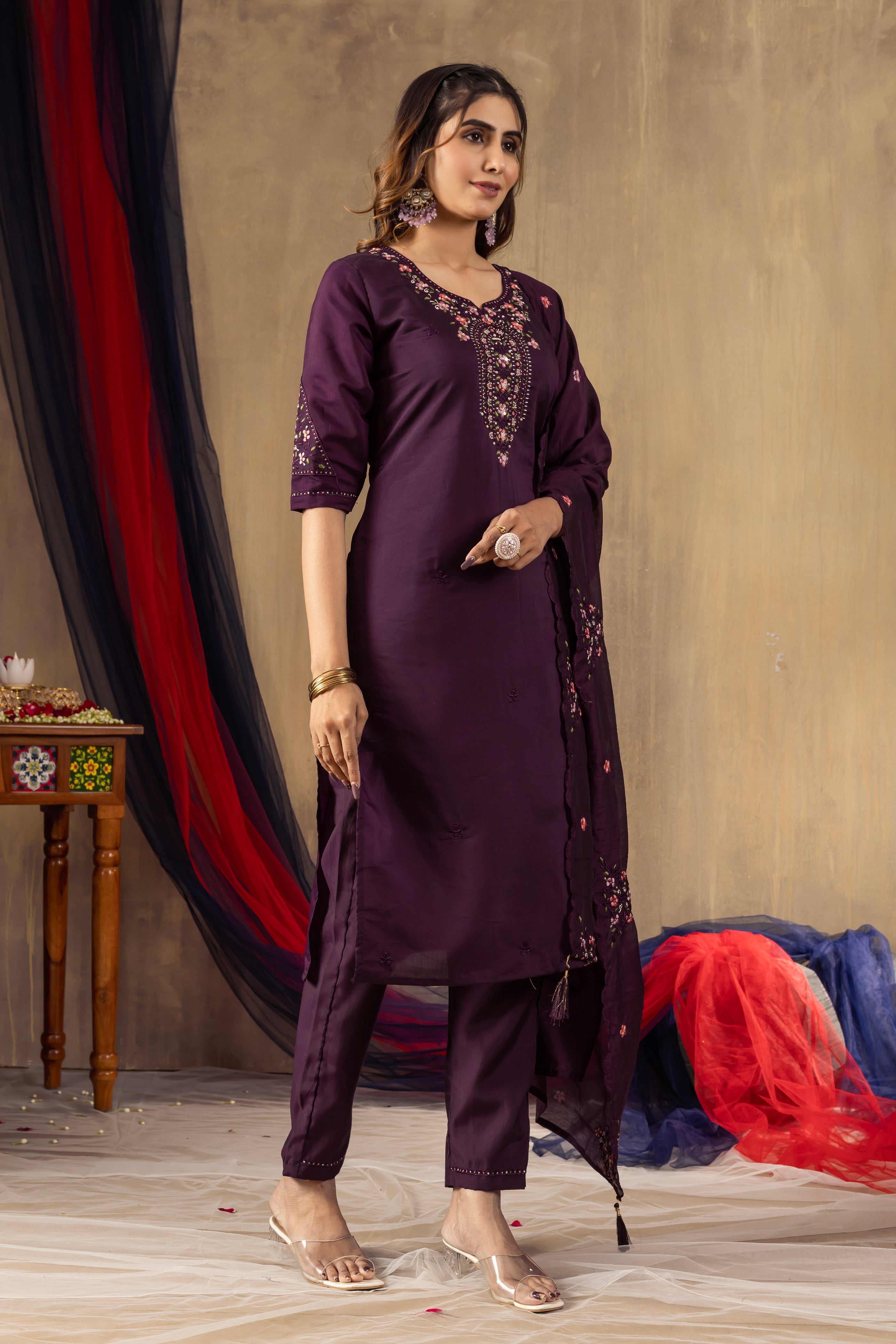 Vedant Vastram Roman Silk Embroidery & Sequence Work Stitched Kurta Pant Dupatta Set-Wine - Distacart