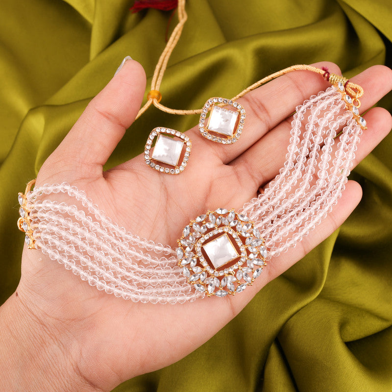 Tehzeeb Creations Brass Gold-Polished Gold, White, White Jewel Set   - Distacart