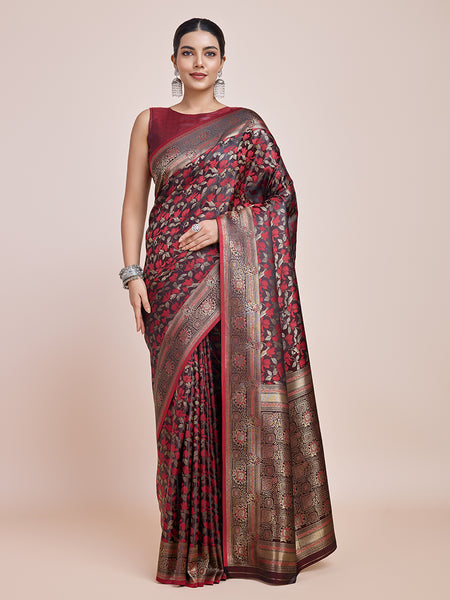 Monjolika Fashion Banarasi Satin Silk Maroon Weaving Designer Saree - Distacart
