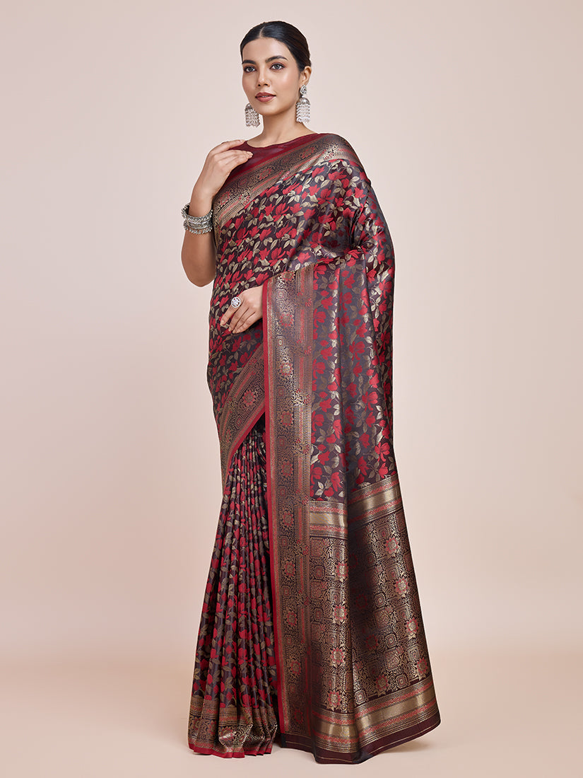Monjolika Fashion Banarasi Satin Silk Maroon Weaving Designer Saree - Distacart
