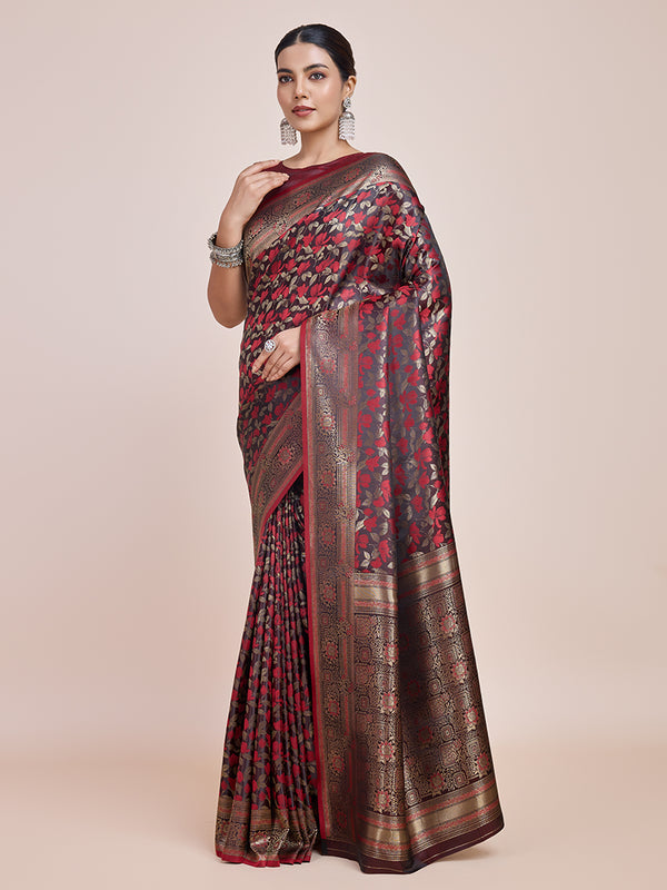 Monjolika Fashion Banarasi Satin Silk Maroon Weaving Designer Saree - Distacart