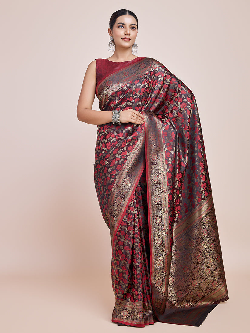 Monjolika Fashion Banarasi Satin Silk Maroon Weaving Designer Saree - Distacart