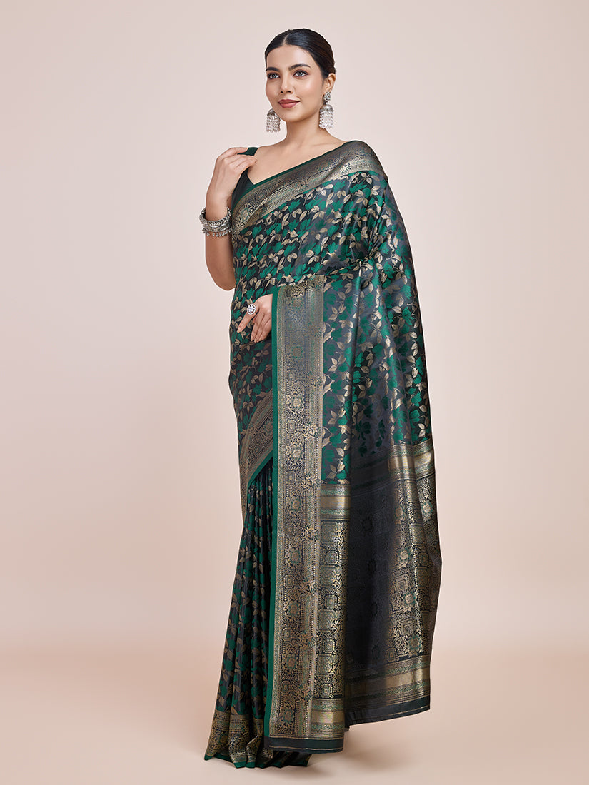 Monjolika Fashion Banarasi Satin Silk Dark Green Weaving Designer Saree - Distacart
