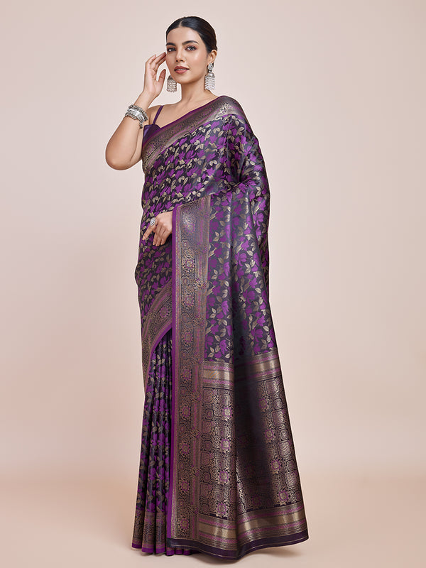 Monjolika Fashion Banarasi Satin Silk Dark Purple Weaving Designer Saree - Distacart
