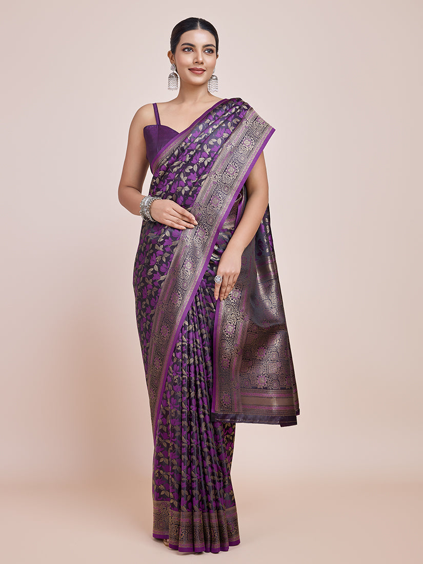 Monjolika Fashion Banarasi Satin Silk Dark Purple Weaving Designer Saree - Distacart
