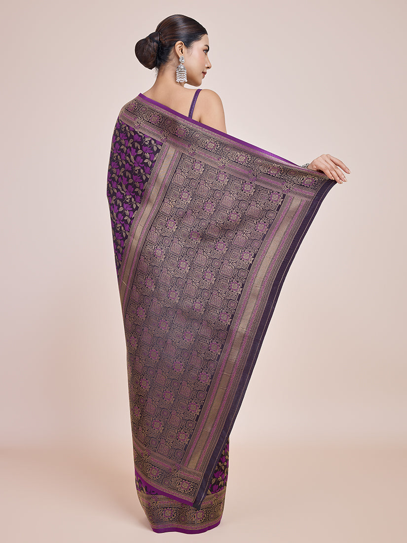 Monjolika Fashion Banarasi Satin Silk Dark Purple Weaving Designer Saree - Distacart