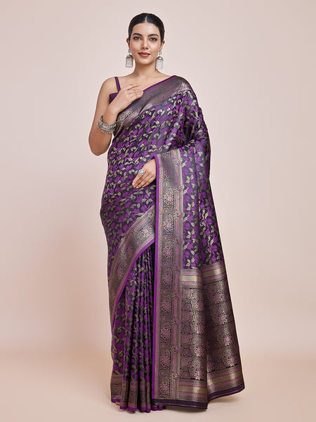 Monjolika Fashion Banarasi Satin Silk Dark Purple Weaving Designer Saree - Distacart