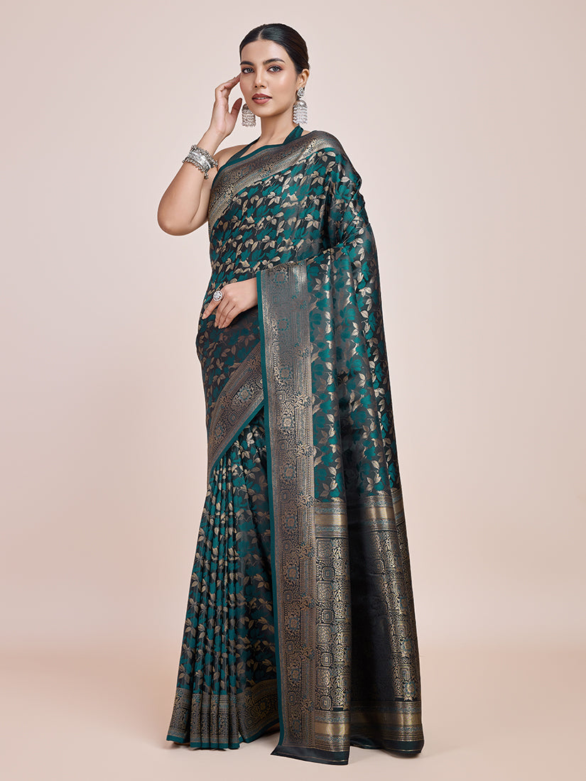 Monjolika Fashion Banarasi Satin Silk Dark Teal Weaving Designer Saree - Distacart
