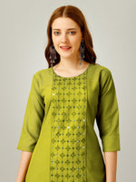 Thumbnail for Malishka Women's Embroidered Cotton Blend Kurta Pant Set-Green - Distacart
