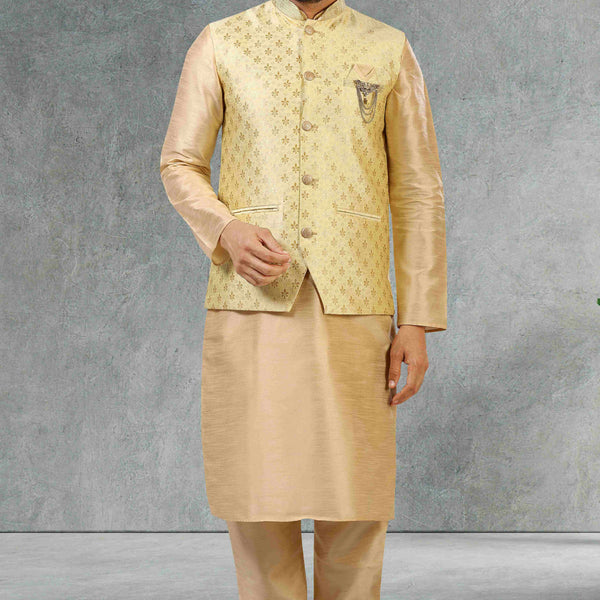 Raivat Ethnic Jacquard Banarasi Silk Woven Work 3 Pics Jacket Set In Gold Colour - Distacart