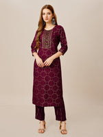Thumbnail for Malishka Women's Embroidered Rayon Kurta Pant Set-Purple - Distacart