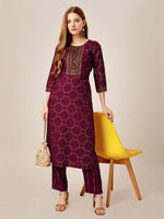 Thumbnail for Malishka Women's Embroidered Rayon Kurta Pant Set-Purple - Distacart