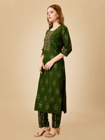 Thumbnail for Green Embroidered Women Kurta Pant Set - Hiral Fashion