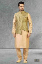 Thumbnail for Raivat Ethnic Jacquard Banarasi Silk Woven Work 3 Pics Jacket Set In Light Green Colour - Distacart