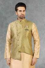 Thumbnail for Raivat Ethnic Jacquard Banarasi Silk Woven Work 3 Pics Jacket Set In Light Green Colour - Distacart