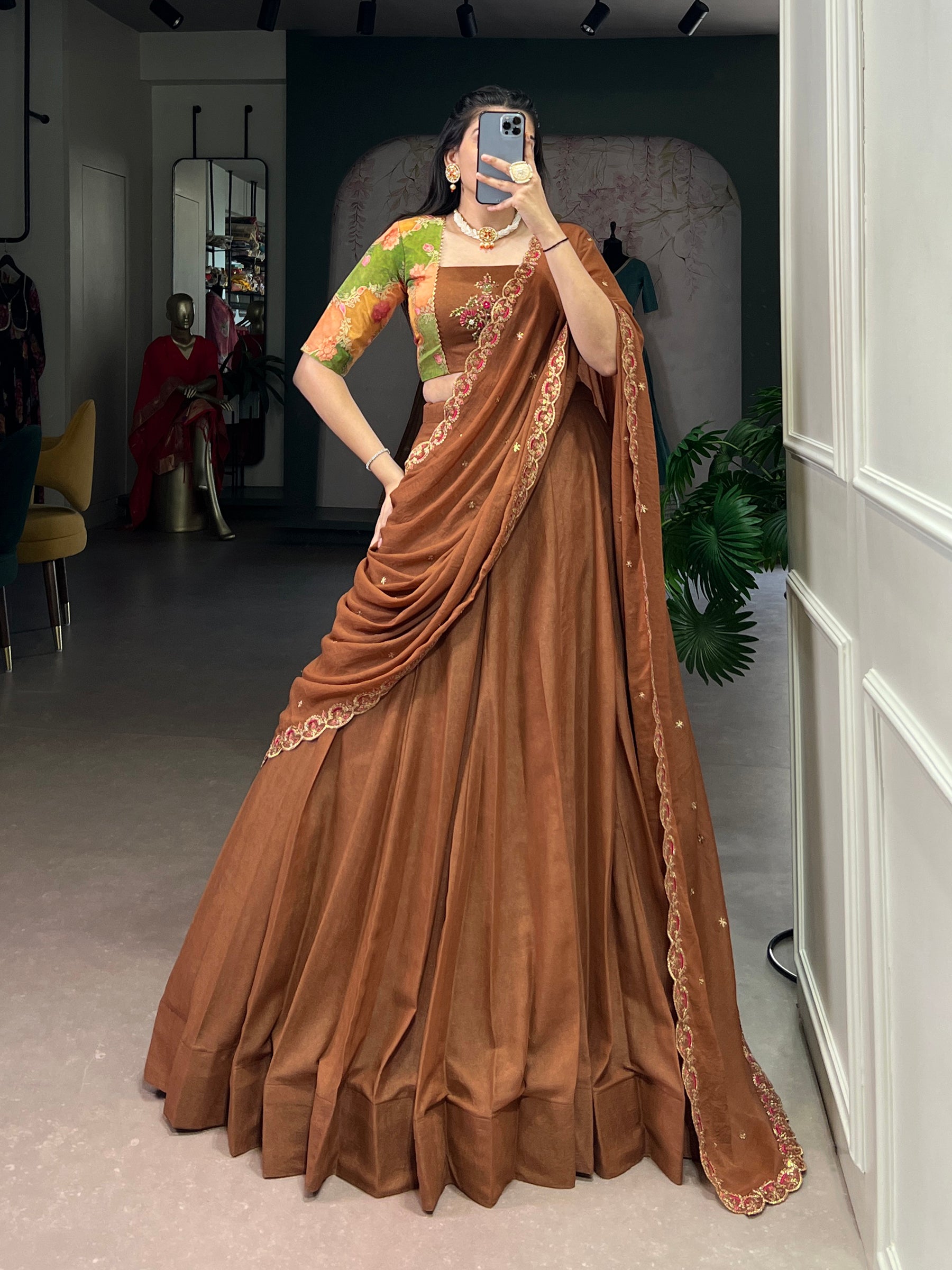 Lorenvalley Fashion Brown Chocolate Crush Silk Plain Lehenga Choli with Dupatta