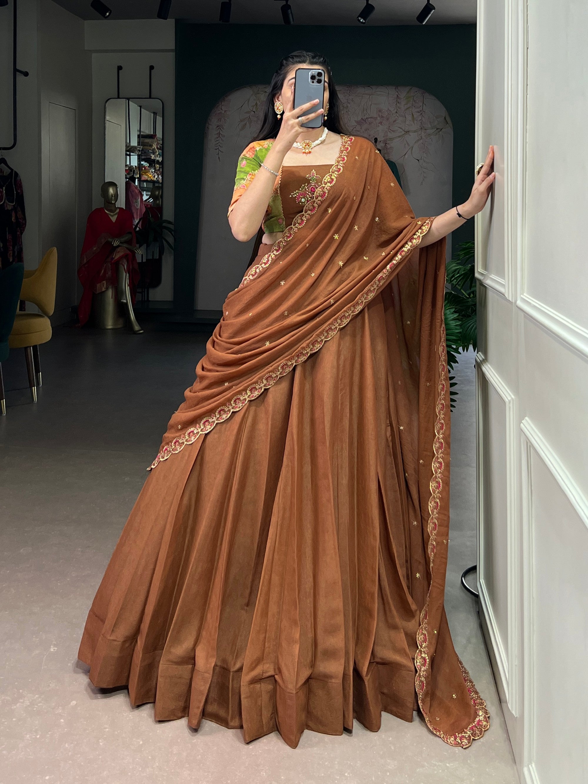 Lorenvalley Fashion Brown Crushed Silk Plain Lehenga Choli with Dupatta