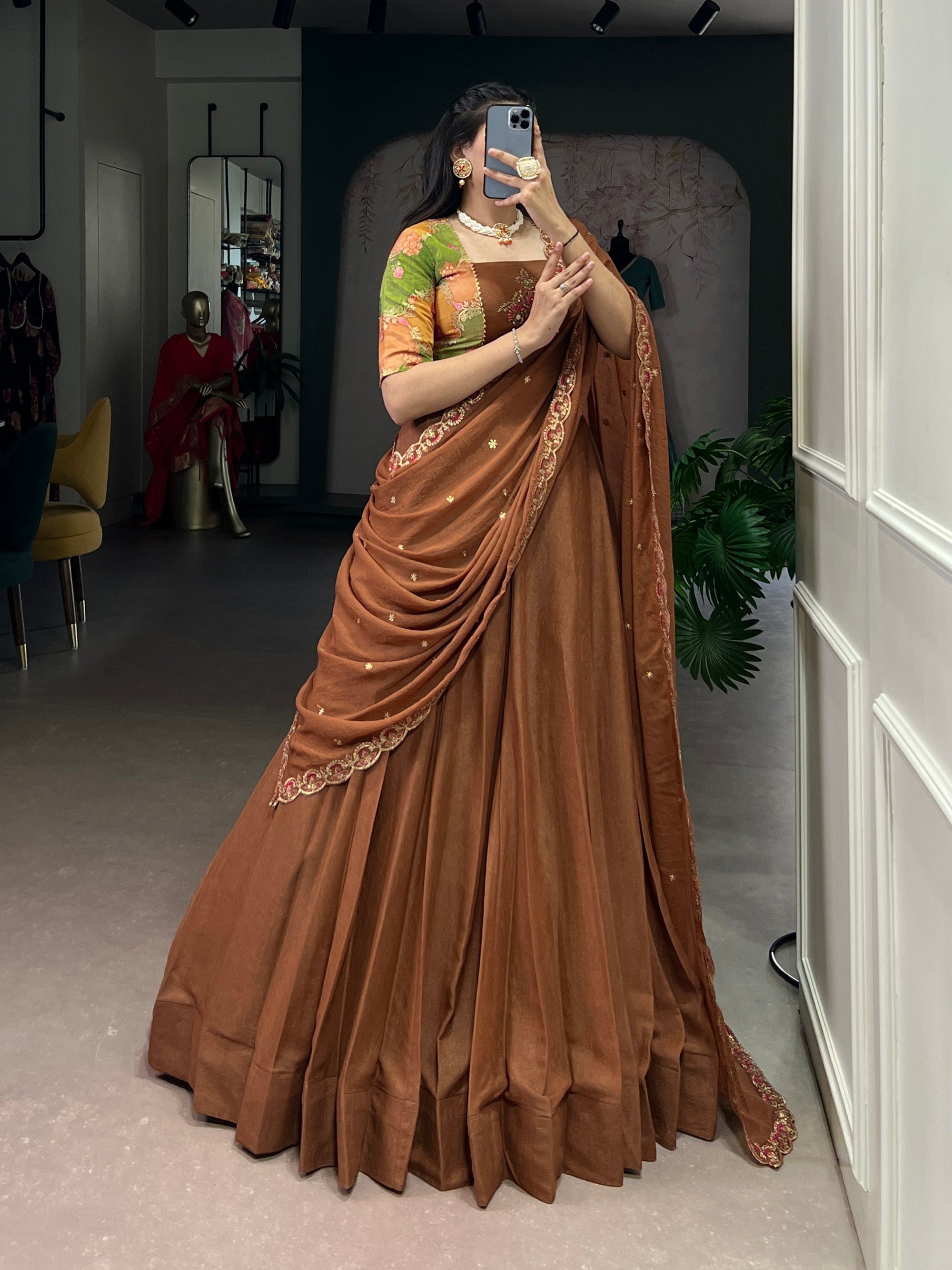 Lorenvalley Fashion Brown Crushed Silk Plain Lehenga Choli with Dupatta - Distacart