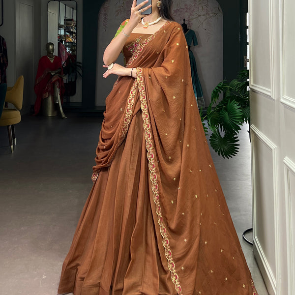 Lorenvalley Fashion Brown Crushed Silk Plain Lehenga Choli with Dupatta