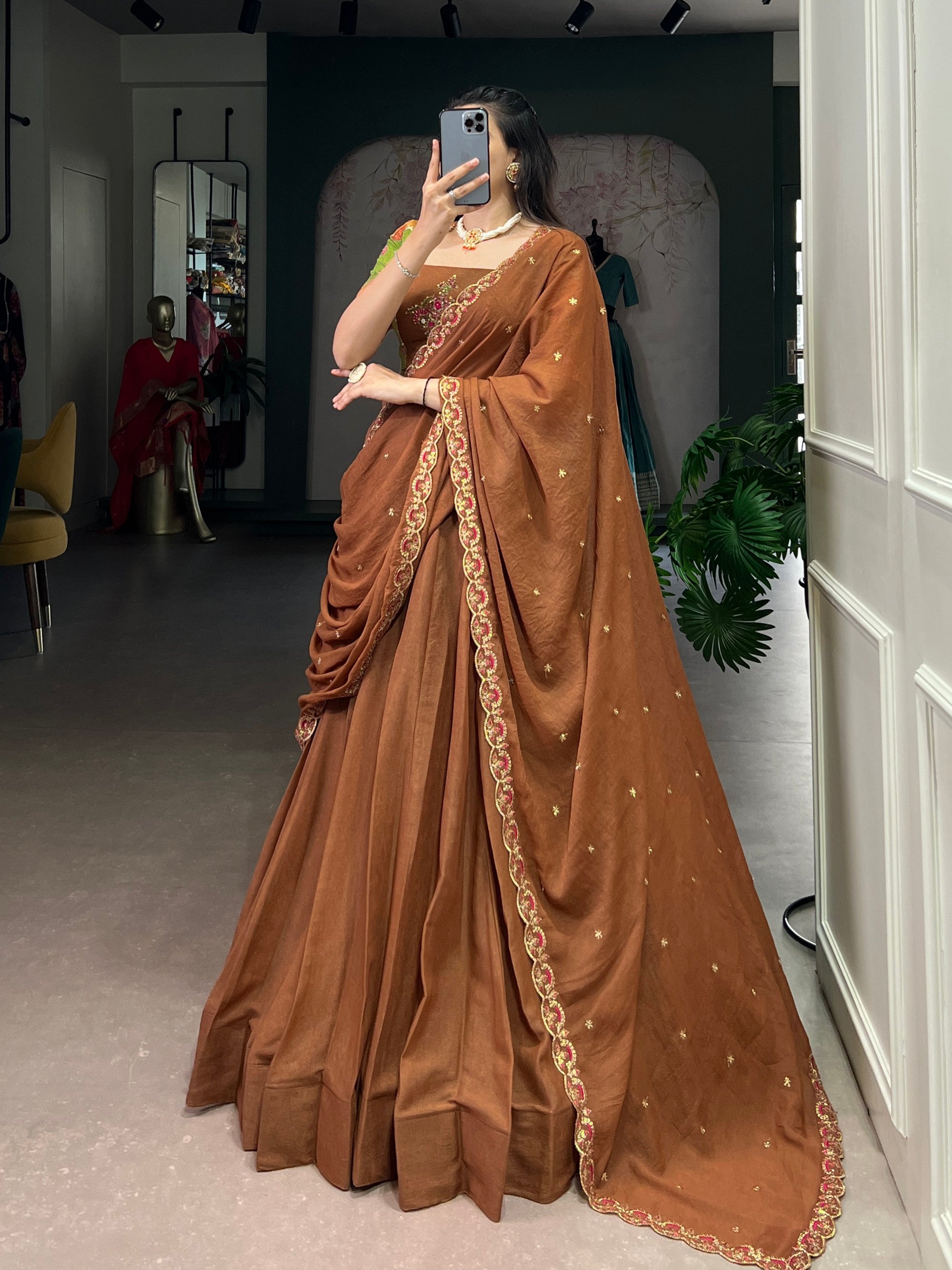 Lorenvalley Fashion Brown Crushed Silk Plain Lehenga Choli with Dupatta