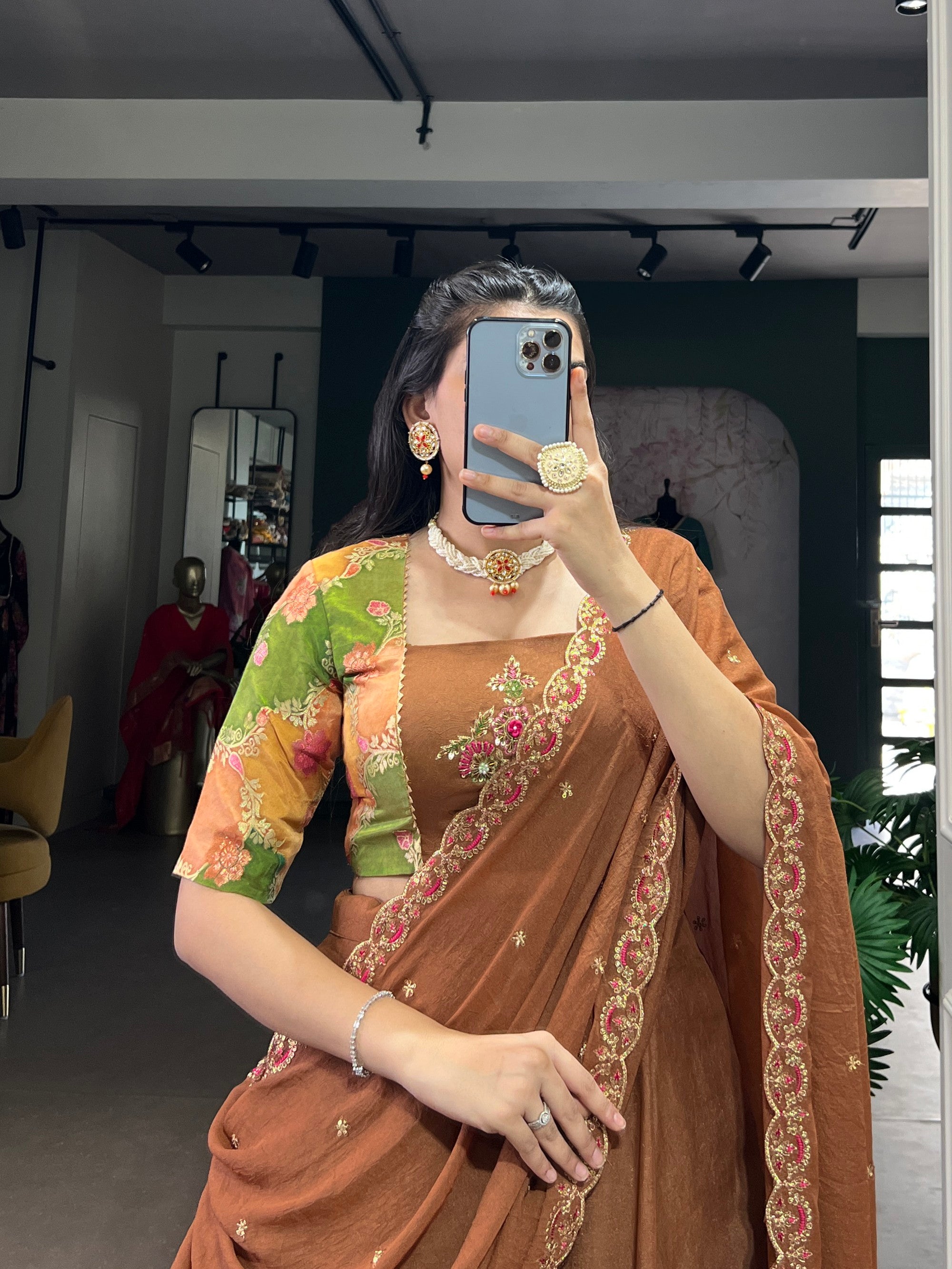 Lorenvalley Fashion Brown Crushed Silk Plain Lehenga Choli with Dupatta