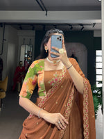 Thumbnail for Lorenvalley Fashion Brown Crushed Silk Plain Lehenga Choli with Dupatta