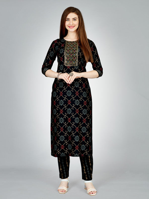 Malishka Women's Embroidered Rayon Kurta Pant Set-Black - Distacart