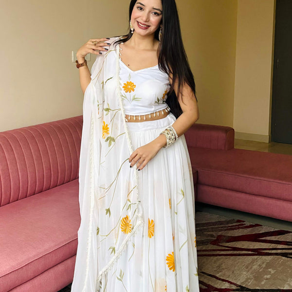 Lorenvalley Fashion White Organza with Hand-painted Floral Design Lehenga Choli with Dupatta - Distacart