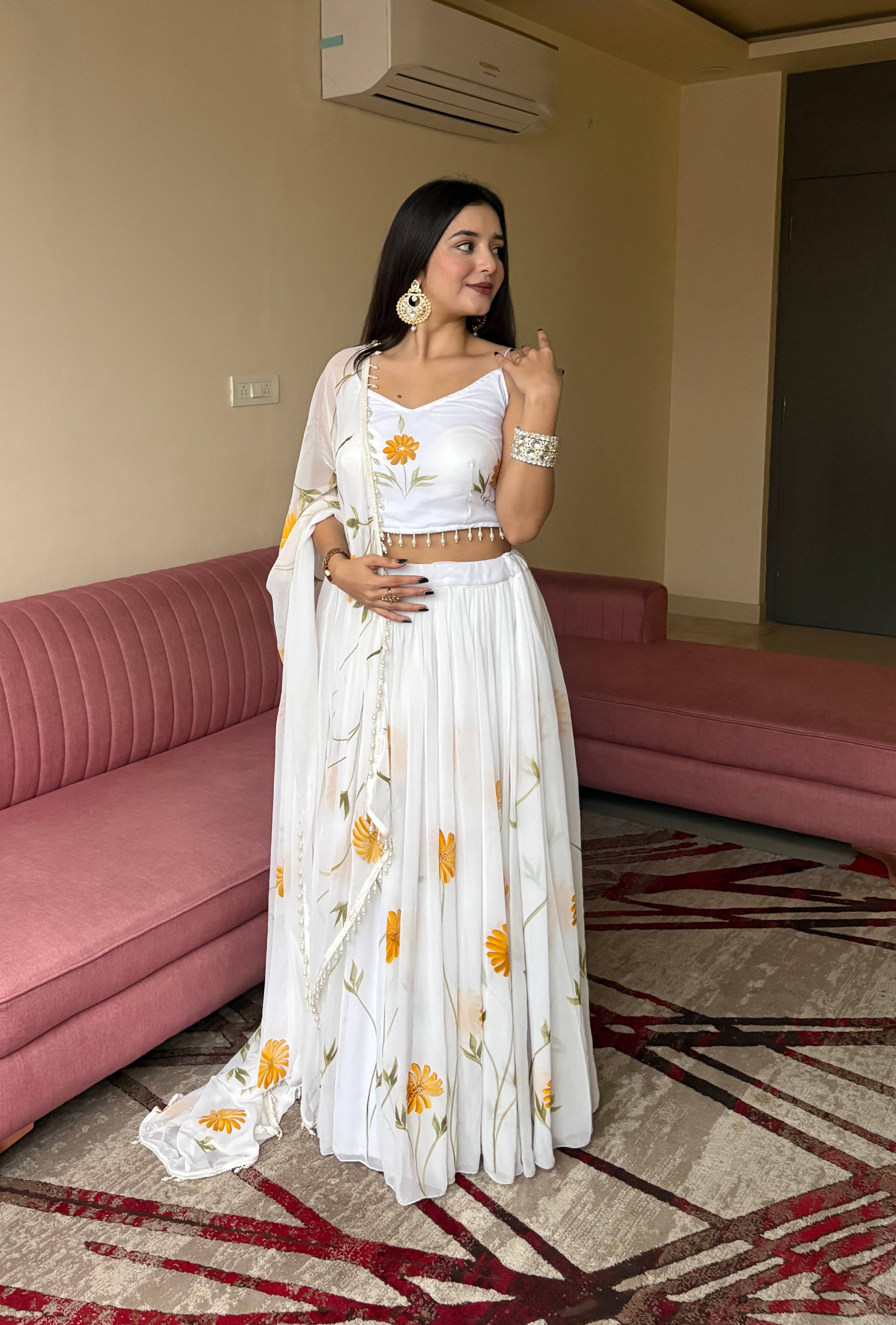 Lorenvalley Fashion White Organza with Hand-painted Floral Design Lehenga Choli with Dupatta