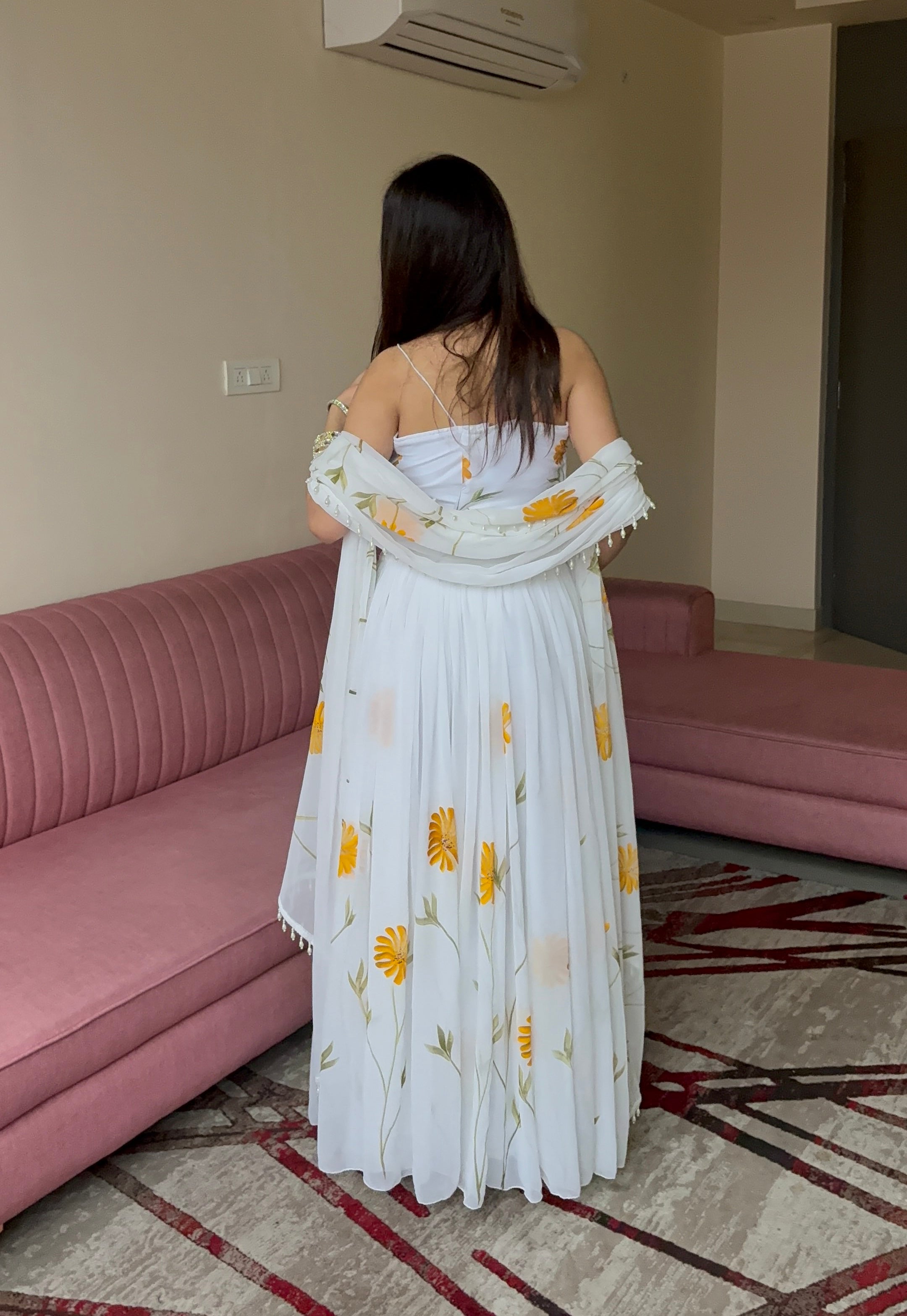 Lorenvalley Fashion White Organza with Hand-painted Floral Design Lehenga Choli with Dupatta