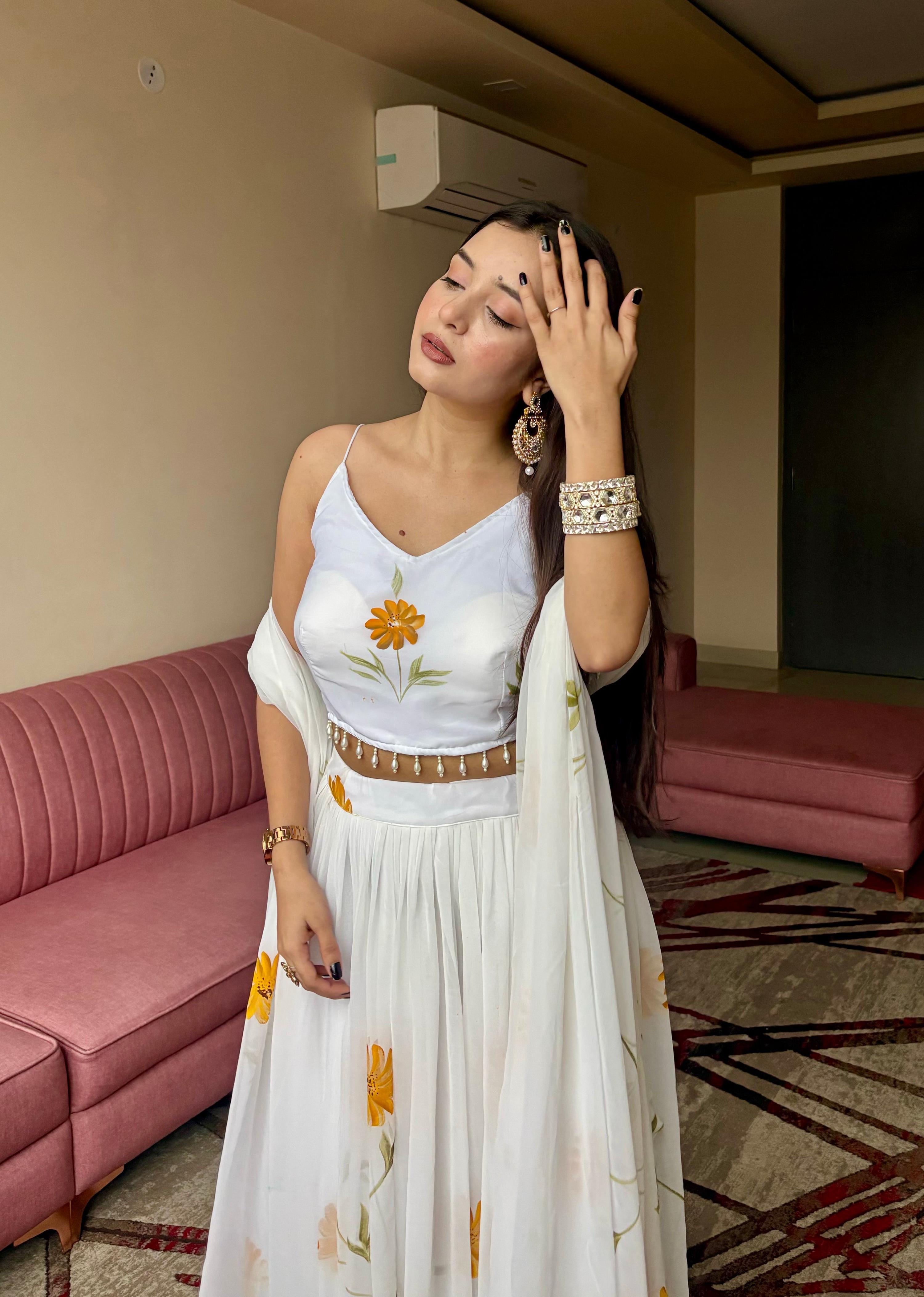 Lorenvalley Fashion White Organza with Hand-painted Floral Design Lehenga Choli with Dupatta