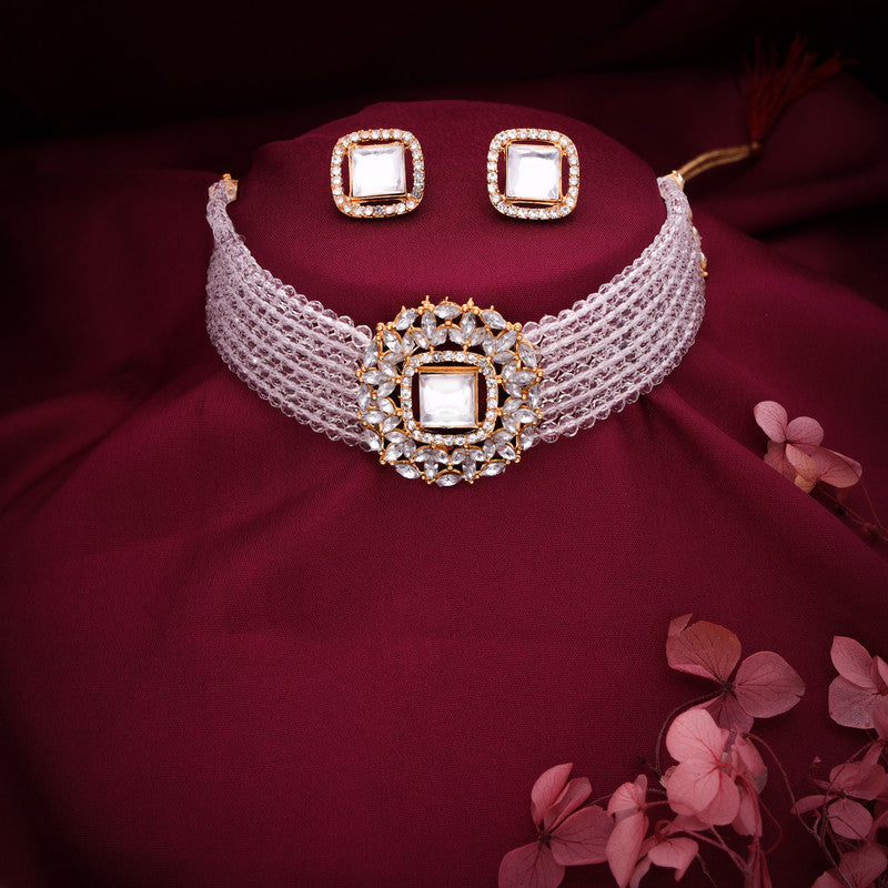 Tehzeeb Creations Brass Gold-Polished Gold, White, White Jewel Set   - Distacart