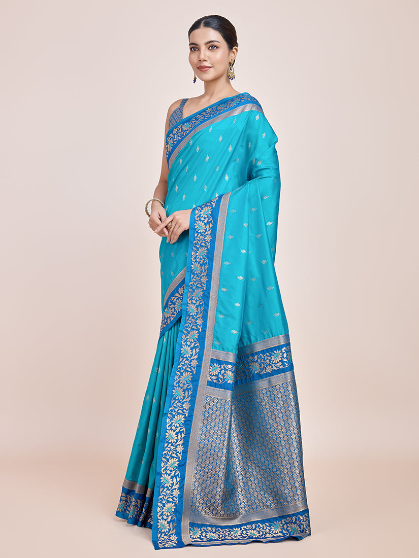 Monjolika Fashion Sky Blue Banarasi Silk In Satin Is Classy Embellished With Golden Zari Work Saree - Distacart