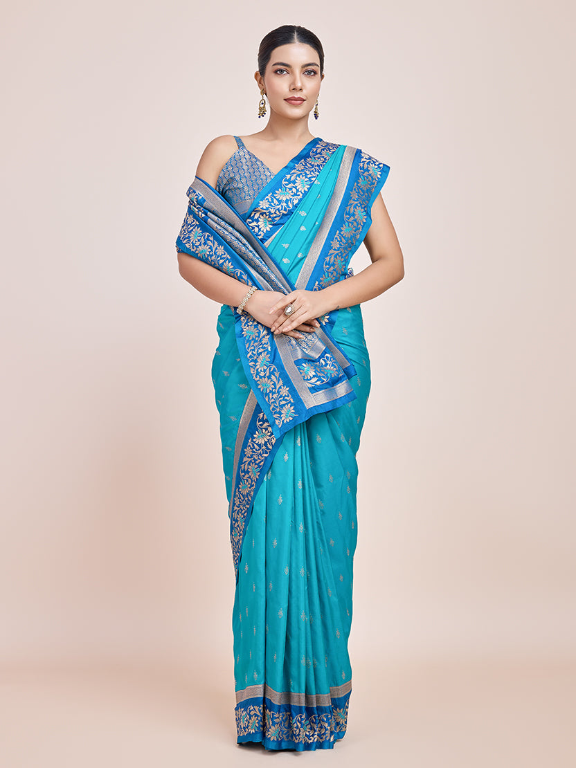 Monjolika Fashion Sky Blue Banarasi Silk In Satin Is Classy Embellished With Golden Zari Work Saree - Distacart