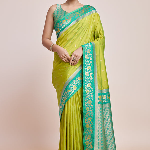 Monjolika Fashion Parrot Green Banarasi Silk In Satin Is Classy Embellished With Golden Zari Work Saree - Distacart