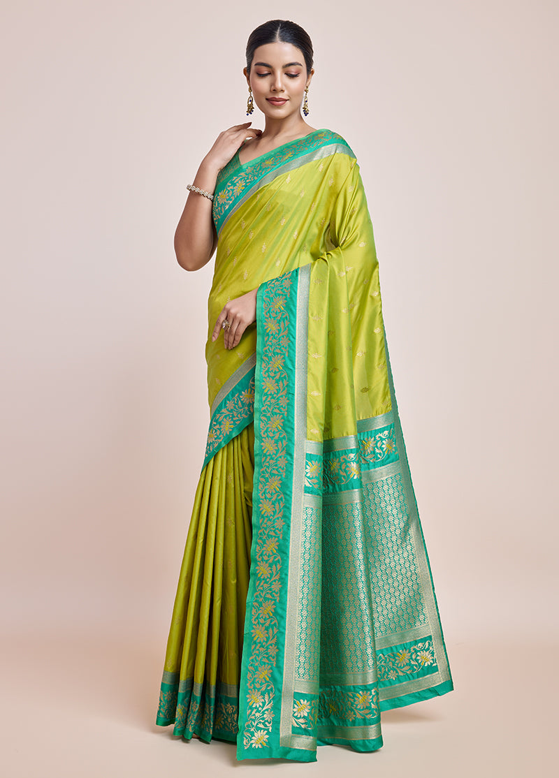 Monjolika Fashion Parrot Green Banarasi Silk In Satin Is Classy Embellished With Golden Zari Work Saree - Distacart