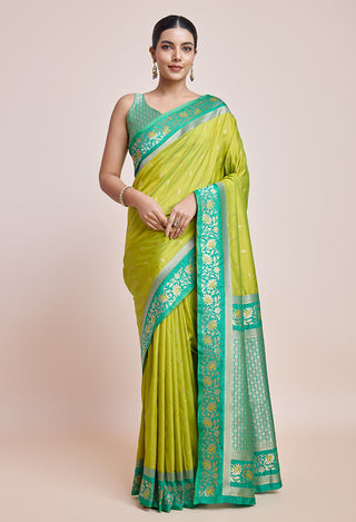 Monjolika Fashion Parrot Green Banarasi Silk In Satin Is Classy Embellished With Golden Zari Work Saree - Distacart