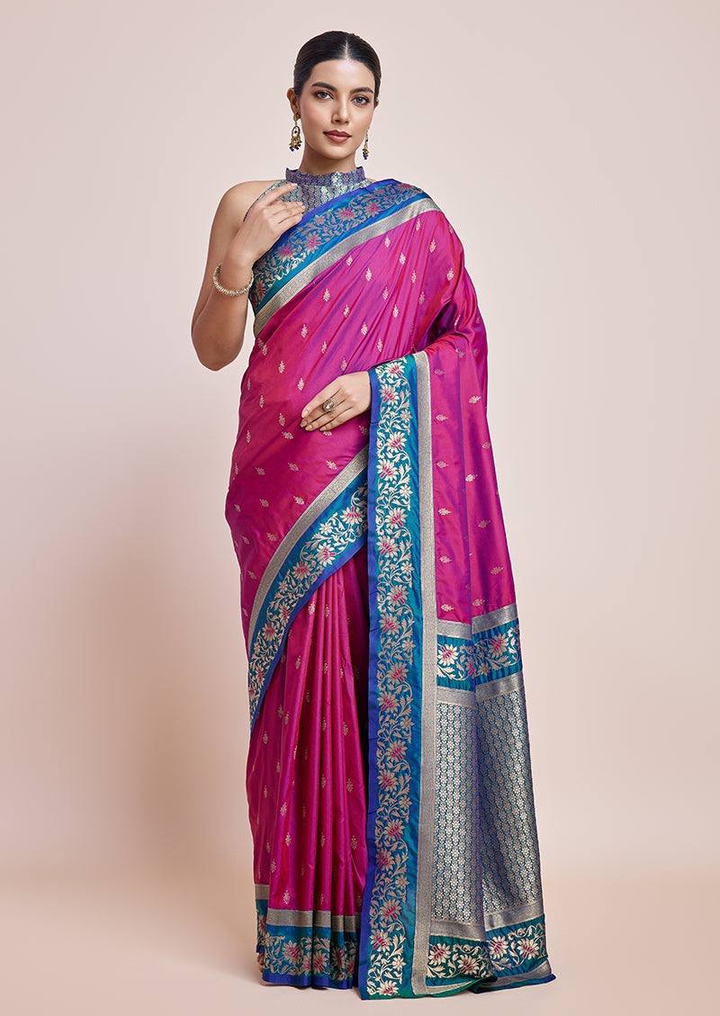 Monjolika Fashion Magenta Banarasi Silk In Satin Is Classy Embellished With Golden Zari Work Saree - Distacart