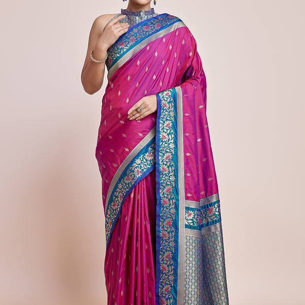 Monjolika Fashion Magenta Banarasi Silk In Satin Is Classy Embellished With Golden Zari Work Saree - Distacart