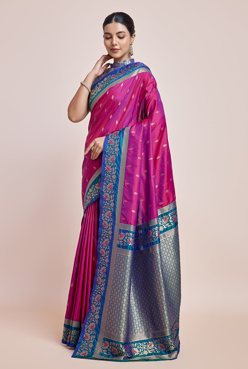 Monjolika Fashion Magenta Banarasi Silk In Satin Is Classy Embellished With Golden Zari Work Saree - Distacart