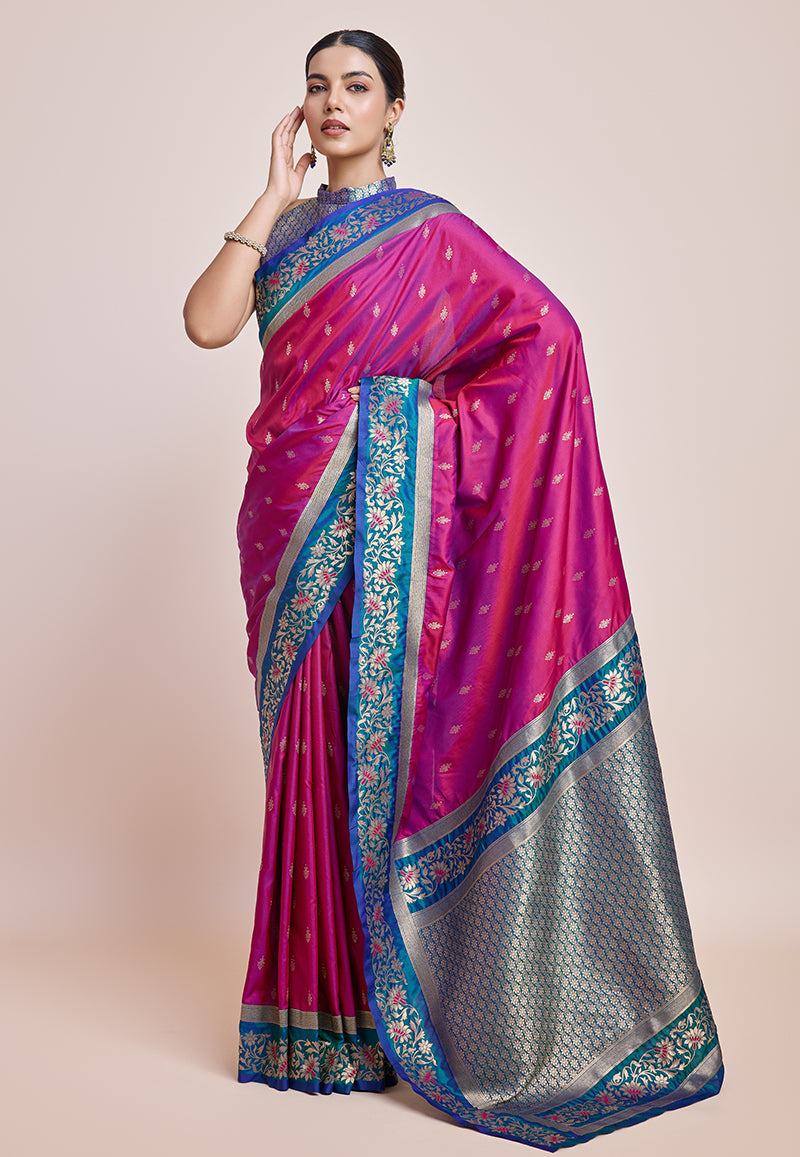 Monjolika Fashion Magenta Banarasi Silk In Satin Is Classy Embellished With Golden Zari Work Saree - Distacart