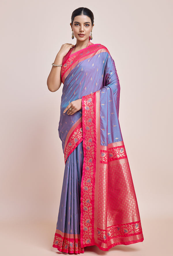 Monjolika Fashion Violet Banarasi Silk In Satin Is Classy Embellished With Golden Zari Work Saree - Distacart