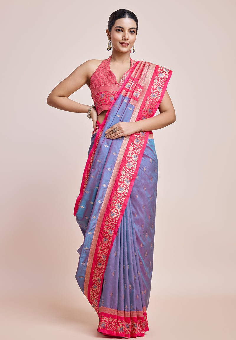 Monjolika Fashion Violet Banarasi Silk In Satin Is Classy Embellished With Golden Zari Work Saree - Distacart